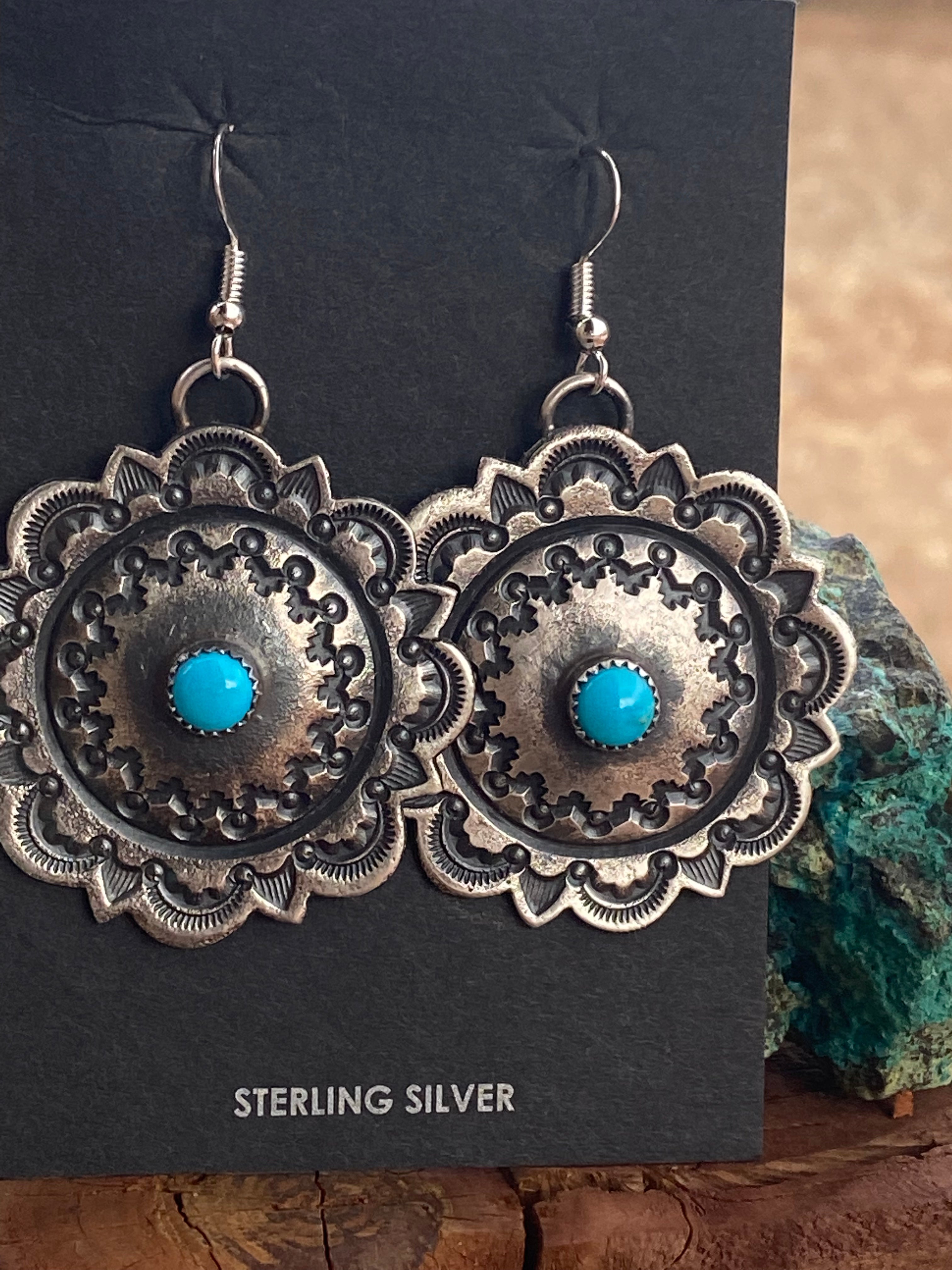 Navajo Turquoise & Sterling Silver Concho Dangle Earrings By Kevin Billah