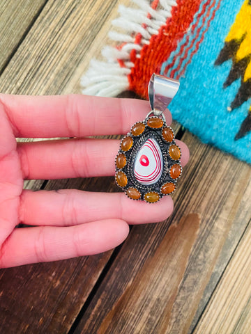 Handmade Sterling Silver, Fordite & Garnet Cluster Pendant