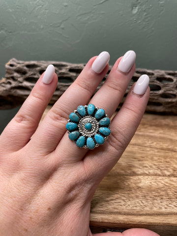 Navajo Turquoise And Sterling Silver Adjustable Flower Ring