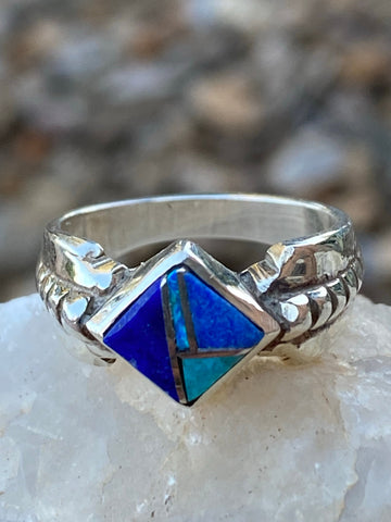 Navajo Lapis, Turquoise, Blue Opal Petite Square Ring Sz 5.25