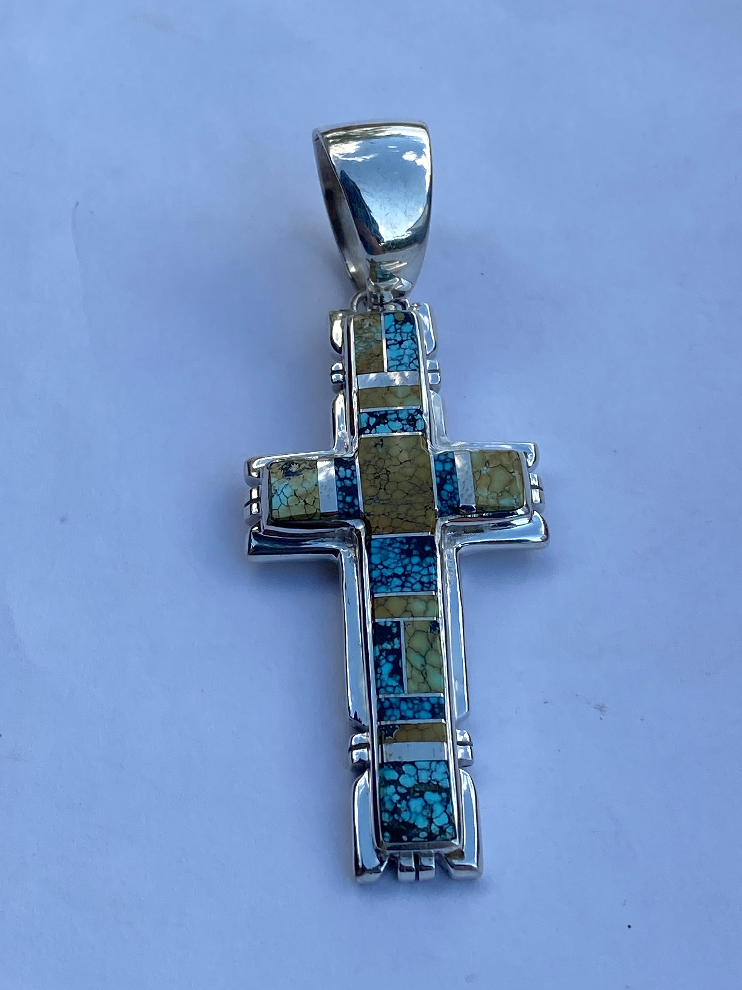 Natural Blue Moon Turquoise & Sterling Silver Navajo  Cross Pendant