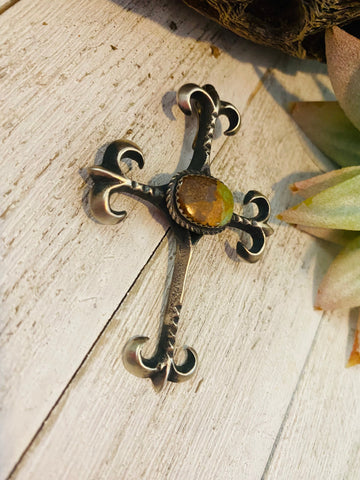 Navajo Sterling Silver & Royston Turquoise Cross Pendant By Martha Cayatineto