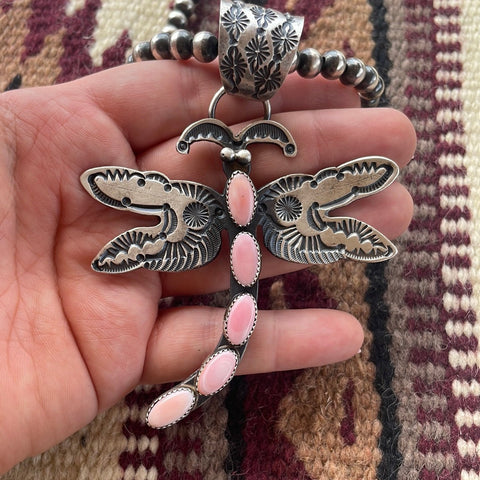 Navajo Pink Conch & Sterling Silver Dragonfly Pendant Signed E Billah