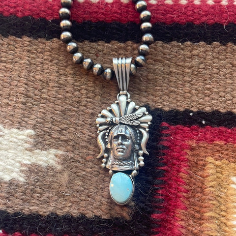 Beautiful Navajo Sterling Silver & Turquoise Chief Pendant Signed Russell Sam