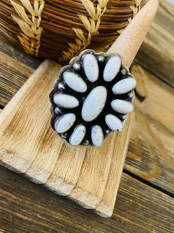 Navajo Sterling Silver And White Buffalo Cluster Adjustable Ring