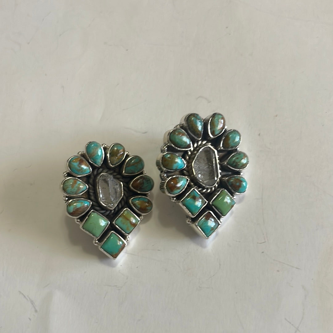 Handmade Herkimer Diamond, Turquoise & Sterling Silver Post Earrings Signed Nizhoni