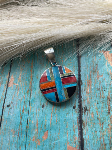 Navajo Multi Stone Inlay & Sterling Silver Circle Pendant