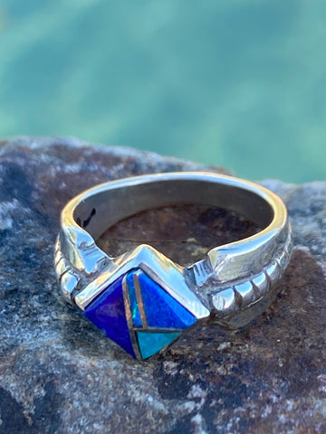 Navajo Lapis, Turquoise, Blue Opal Petite Square Ring Sz 5.25