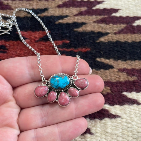 Handmade Sterling Silver, Rhodonite & Turquoise Necklace