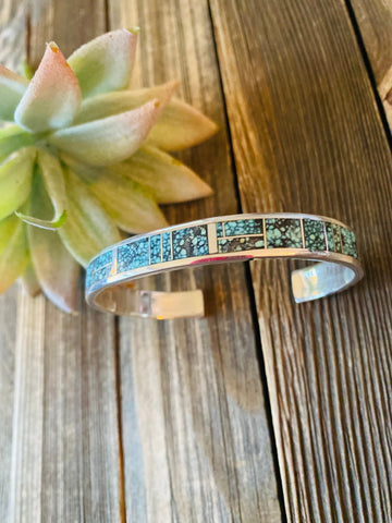 Navajo Kingman Spiderweb Turquoise & Sterling Silver Inlay Cuff Bracelet