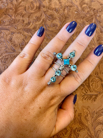 Kingman Turquoise Aquamarine And Sterling Silver Cross Ring Size 10