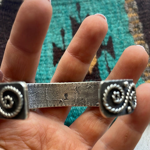 Navajo Sterling Silver Flower Swirl Bracelet Cuff Signed