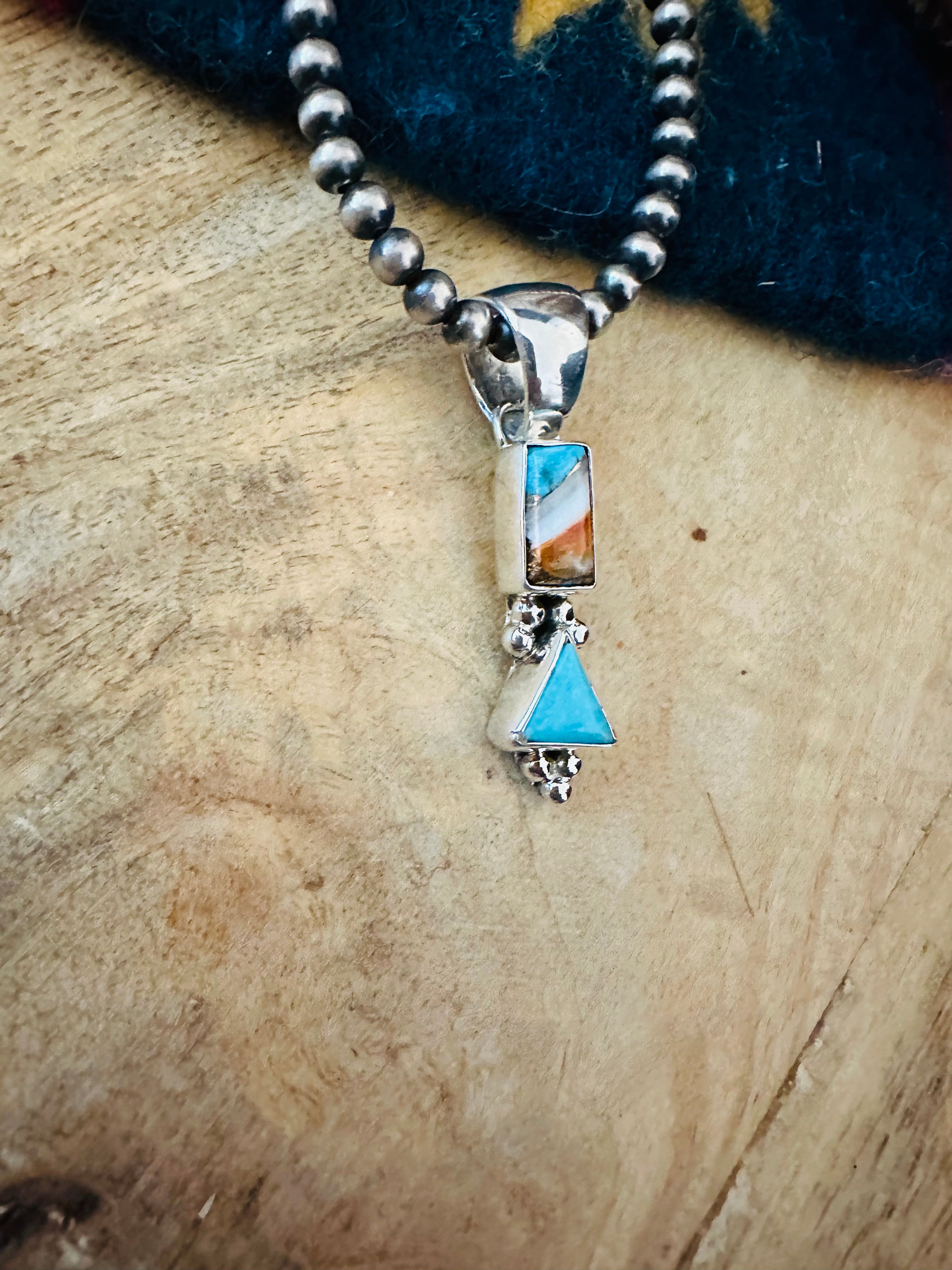 Navajo Turquoise, Spice & Sterling Silver Two Stone Pendant