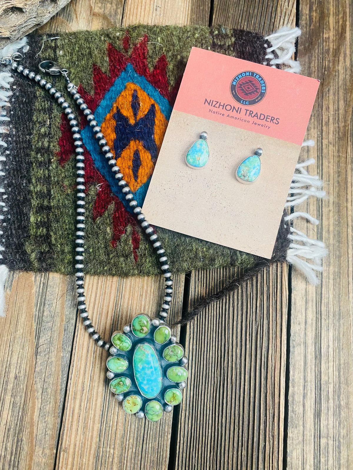 Navajo Sonoran Mountain Turquoise & Sterling Silver Cluster Earrings & Pendant Set