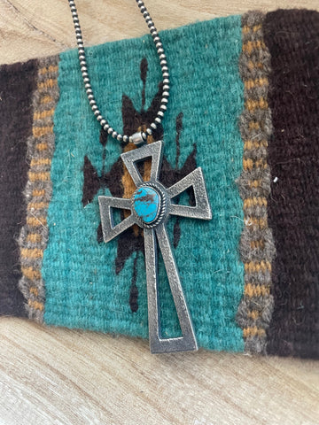 Navajo Sterling Silver & Turquoise Cross Pendant Signed Eugene Mitchell