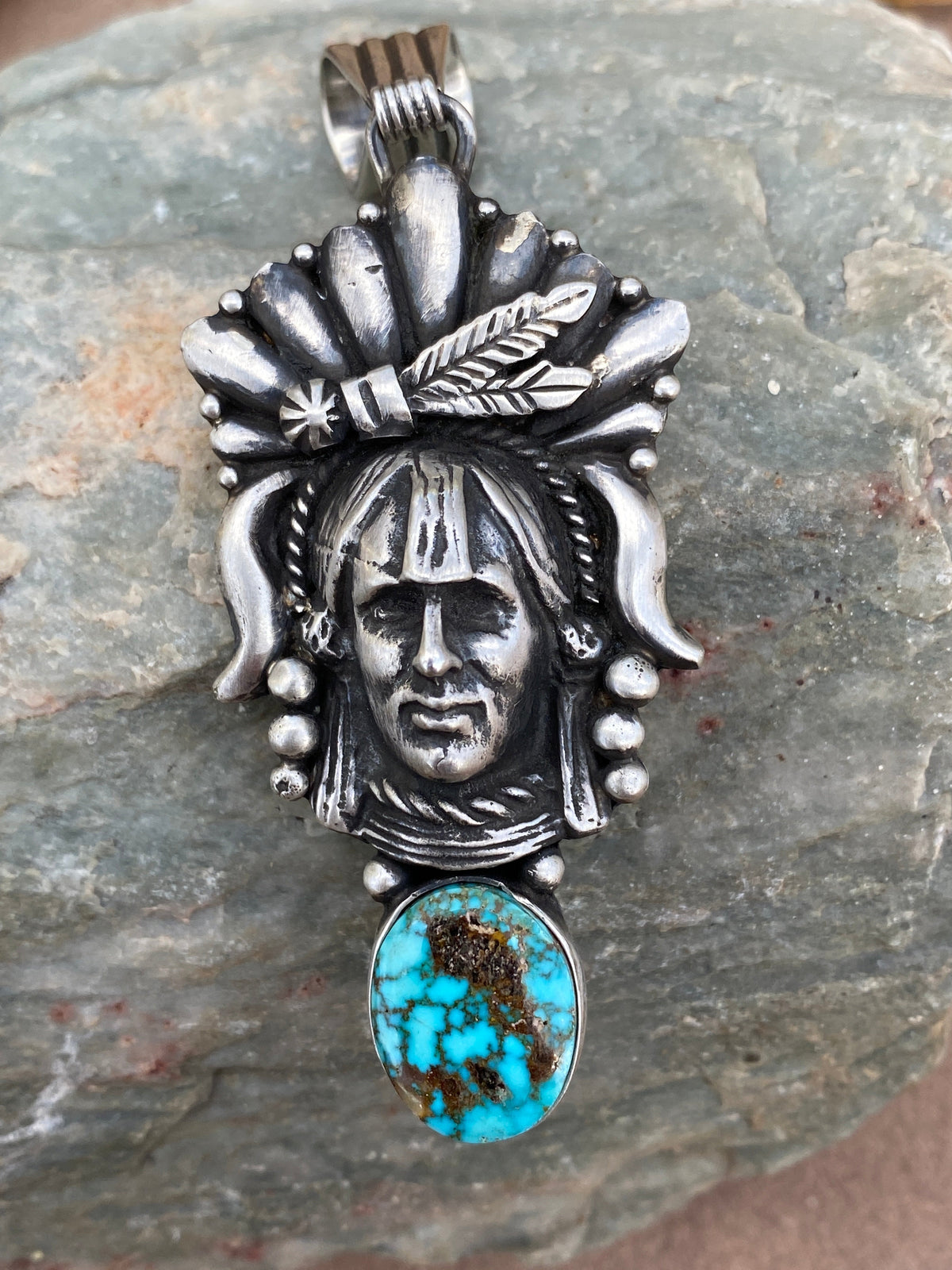 Sterling Silver & Kingman Web Turquoise Indian Chief Pendant