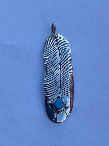 Navajo Kingman Turquoise & Sterling Silver Feather Pendant