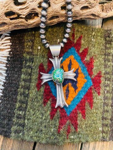 Navajo Sterling Silver & Sonoran Gold Turquoise Cross Pendant By Chimney Butte