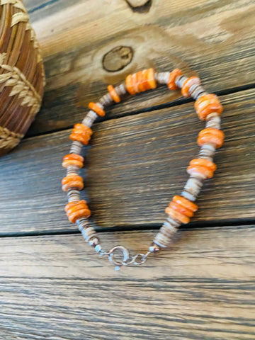 Navajo Orange Spiny, Heishi & Sterling Silver Beaded Bracelet