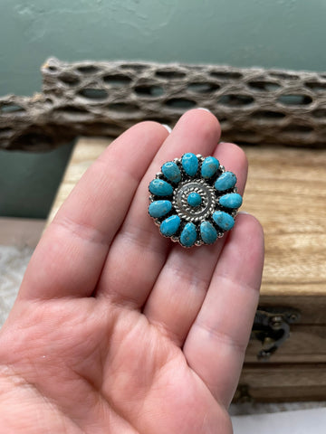 Navajo Turquoise And Sterling Silver Adjustable Flower Ring