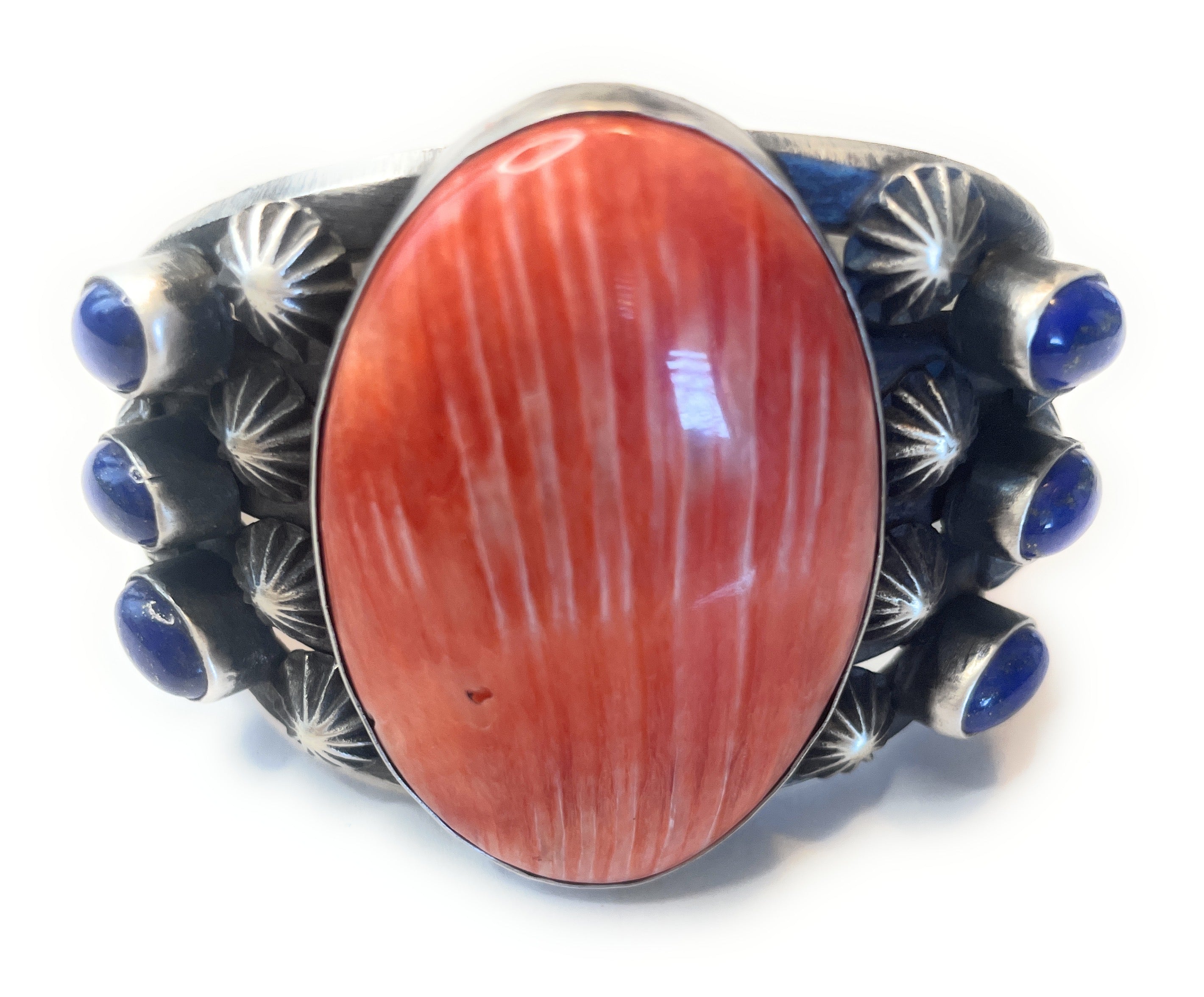 Chimney Butte Navajo Orange Spiny And Lapis Sterling Silver Cuff Bracelet Signed