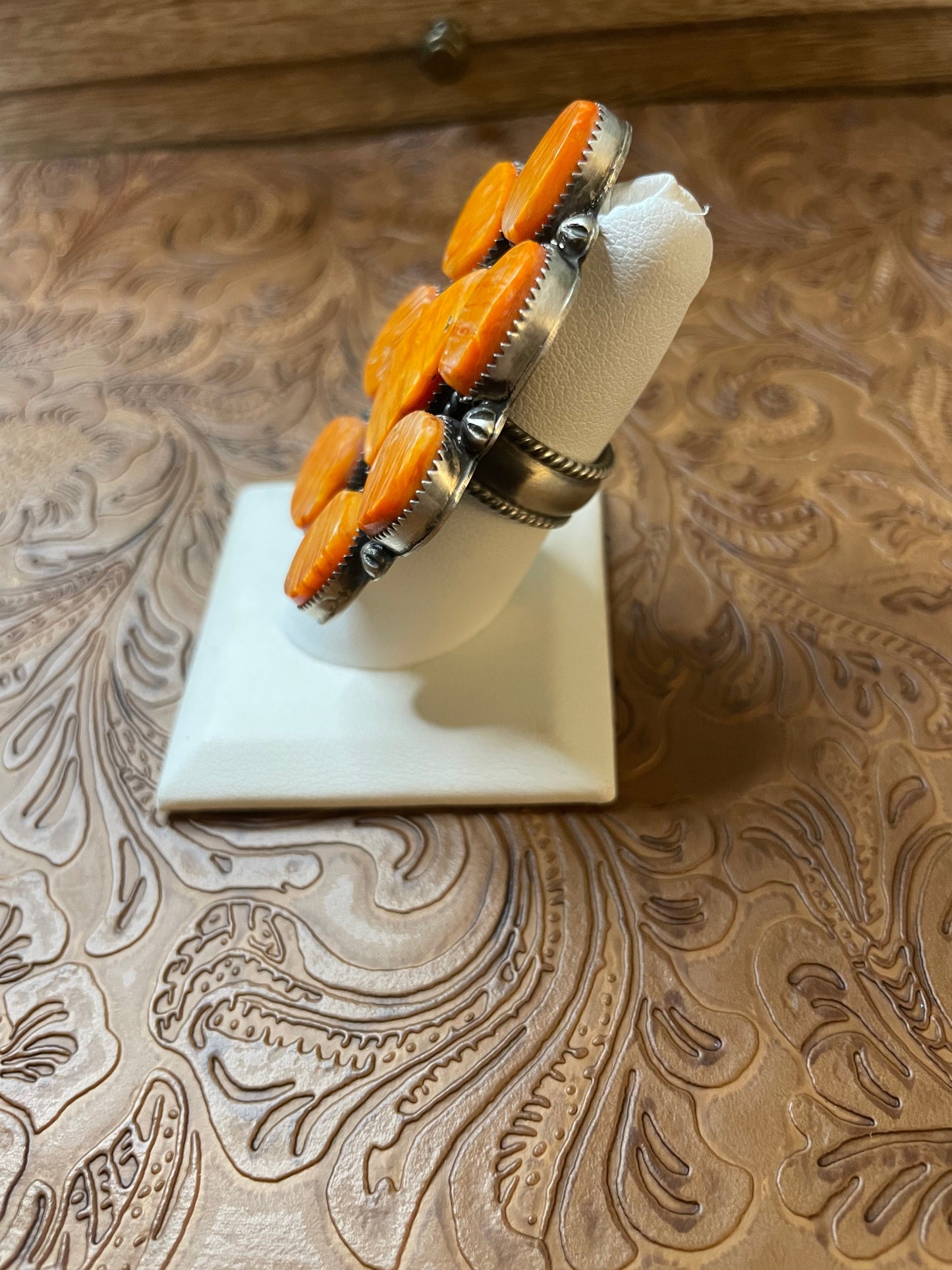 Navajo Sterling Silver And Orange Spiny Ring Size 7