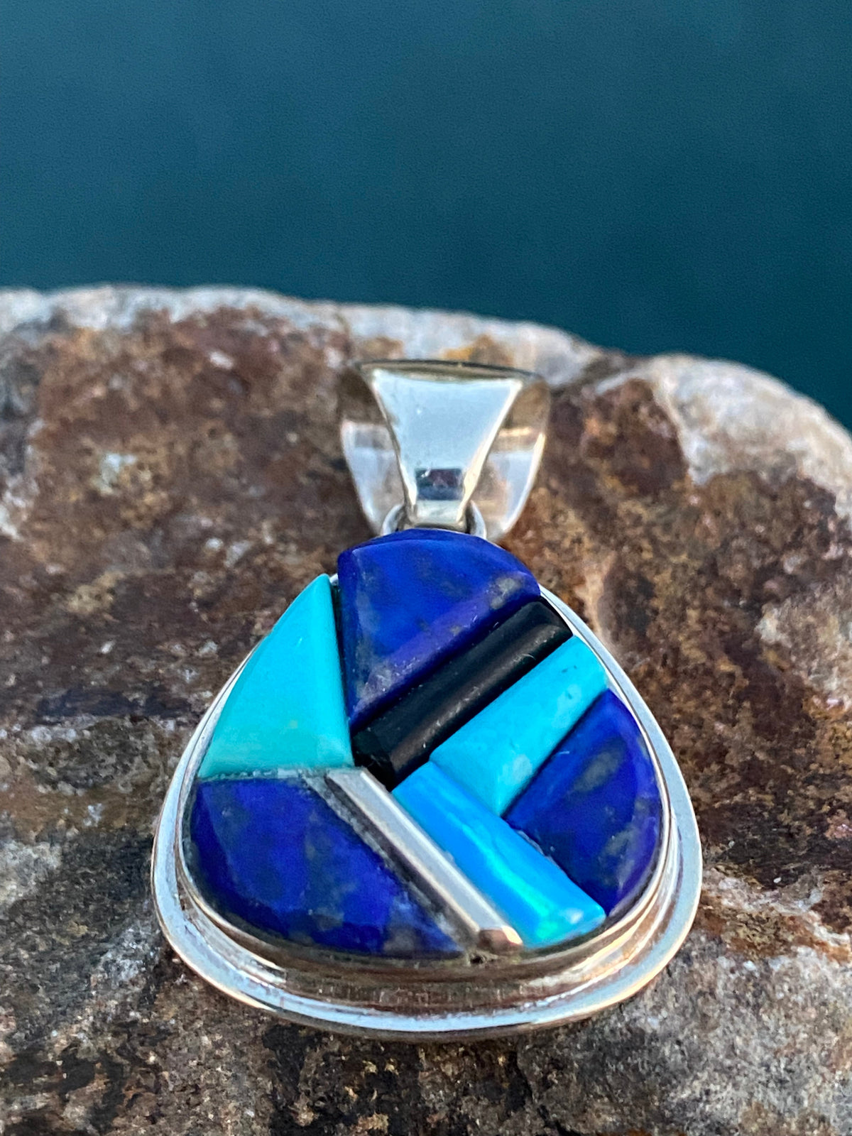 Navajo Lapis, Turquoise, Blue Opal & Sterling Pendant