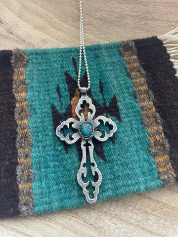 Navajo Sterling Silver & Turquoise Cross Pendant Signed Eugene Mitchell