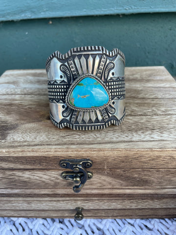 Navajo Hand Stamped Turquoise And Sterling Silver Cuff Bracelet By Elvira Bill