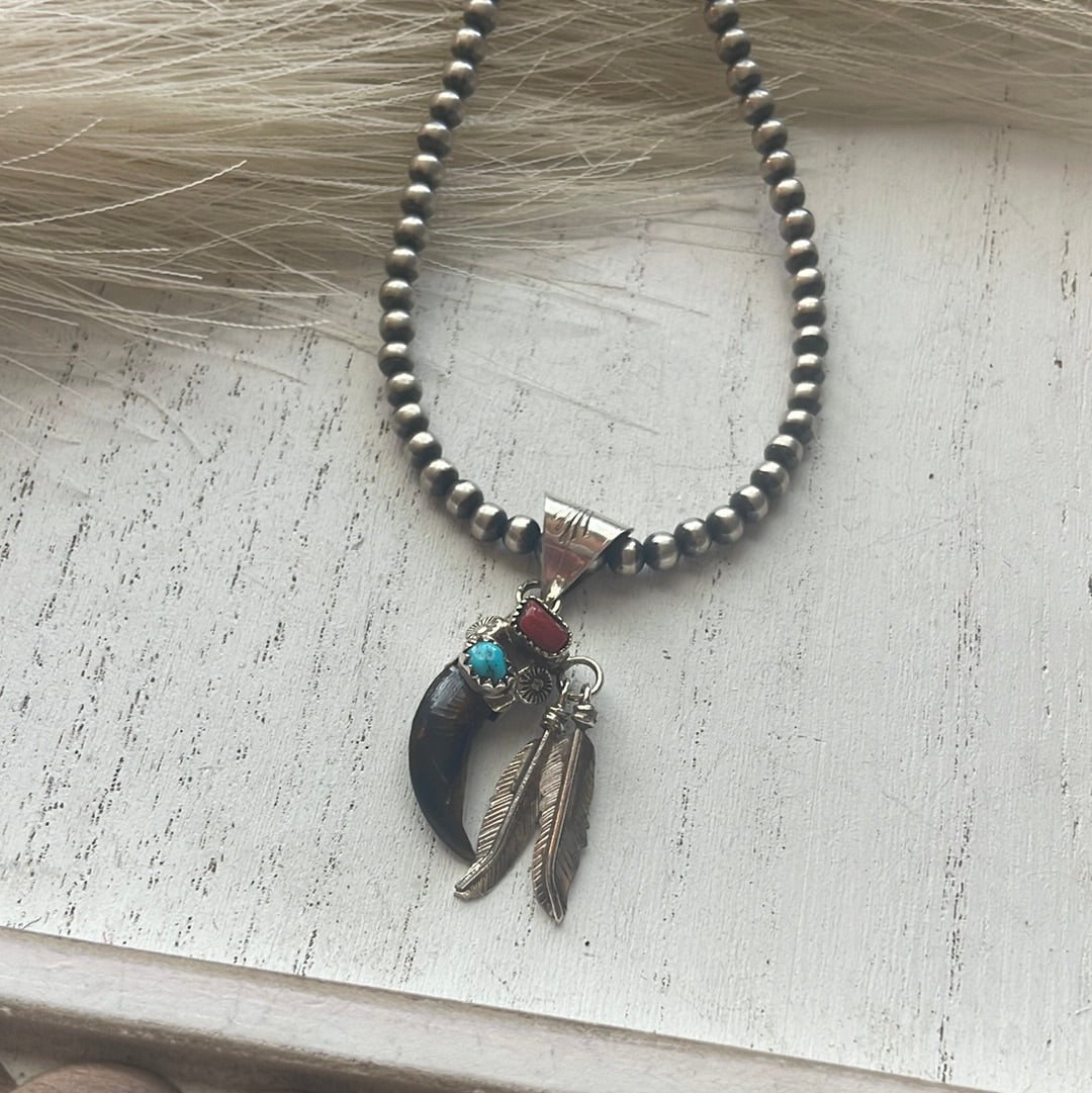 Navajo Coral, Turquoise & Sterling Silver Feather Pendant