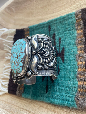 Navajo Sterling Silver & Number 8 Turquoise Cuff Bracelet Signed