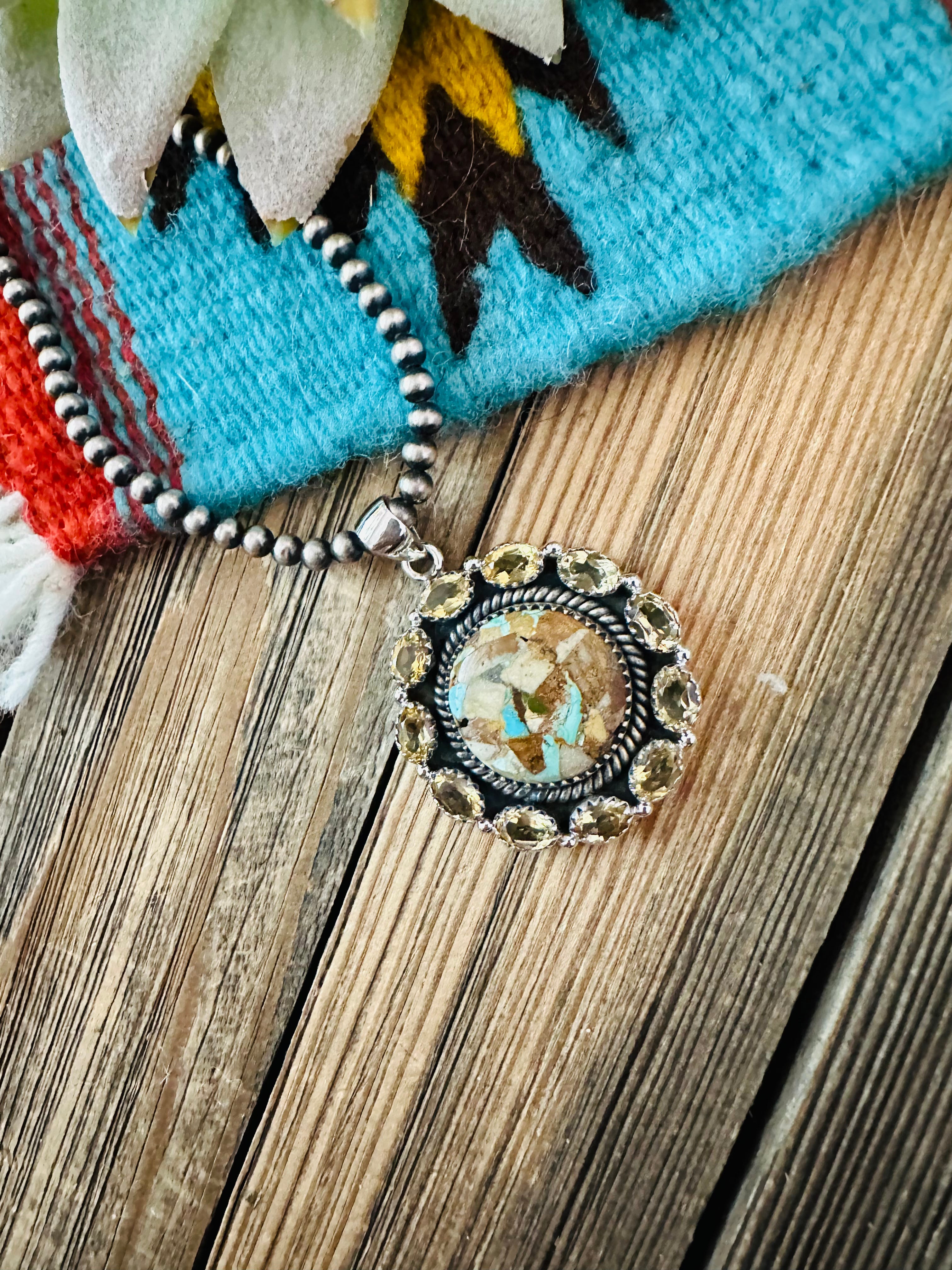 Handmade Sterling Silver, Turquoise & Citrine Cluster Pendant