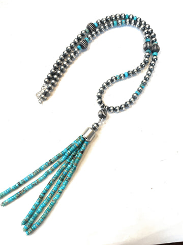 Navajo Sterling Silver And Turquoise Beaded Tassel Necklace