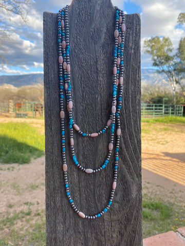 Navajo Sterling Silver Pearls with Kingman Turquoise and Pink Conch