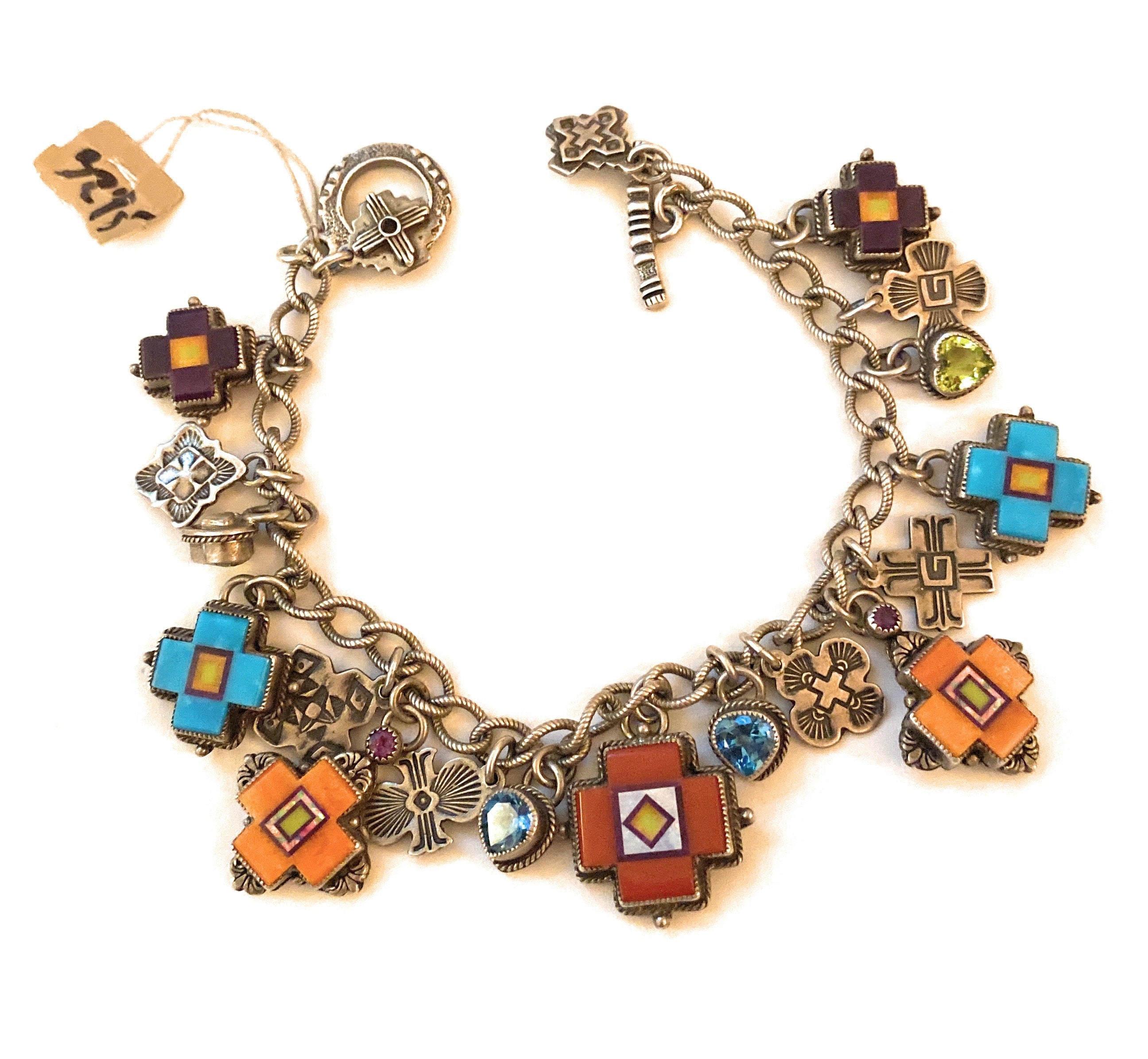 Navajo Multi Stone & Sterling Silver Inlay Link Bracelet