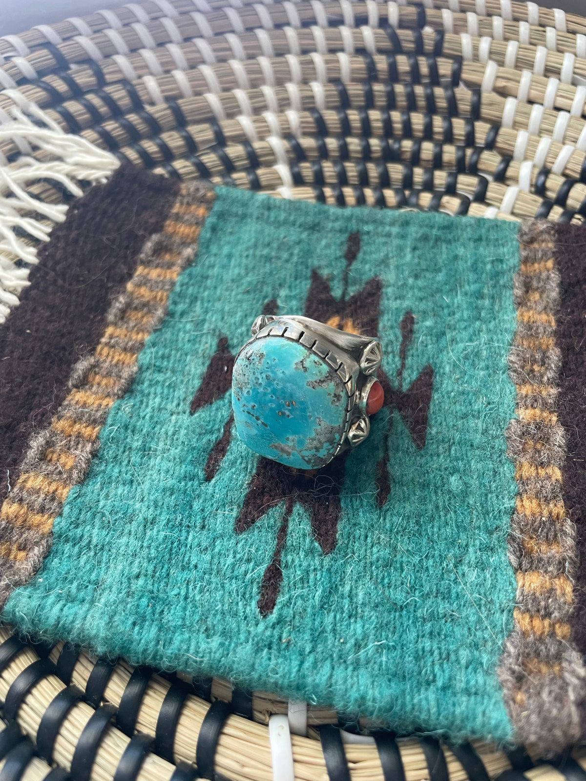 Navajo Turquoise, Coral & Sterling Silver Ring Size 12