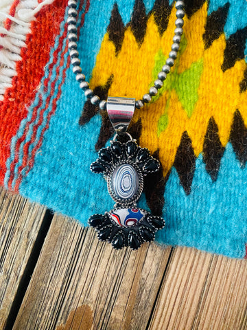 Handmade Sterling Silver, Fordite & Onyx Cluster Pendant