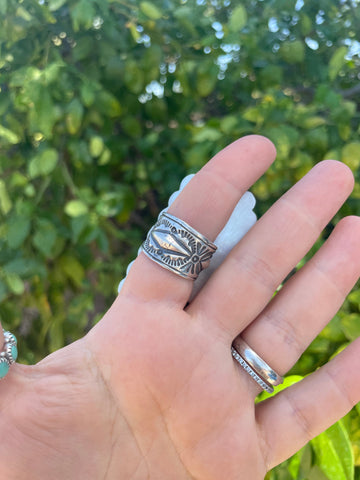 Navajo Turquoise, Orange Dream & Sterling Silver Adjustable Ring Signed P Yazzie