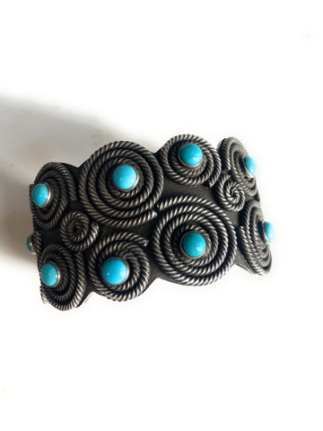 Leander Tahe Turquoise & Sterling Silver Spiral Navajo Bracelet Signed