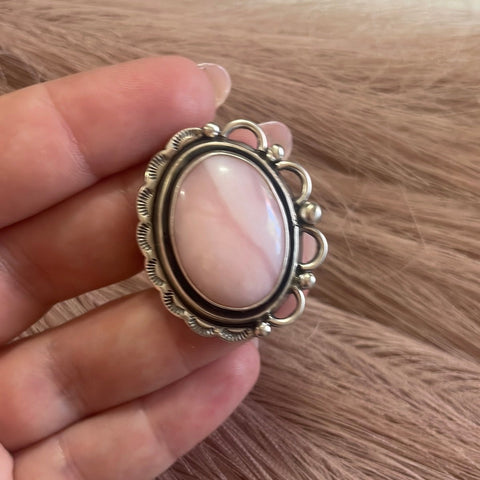 Gorgeous Navajo Pink Peruvian Opal And Sterling Silver Adjustable Ring