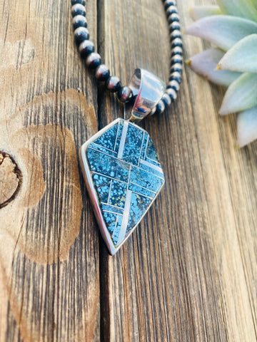 Navajo Blue Moon Turquoise and Sterling Silver Inlay Pendant