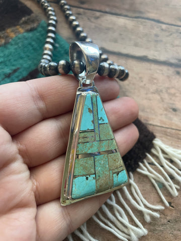 Navajo Number 8 Turquoise Inlay & Sterling Silver Triangle Pendant