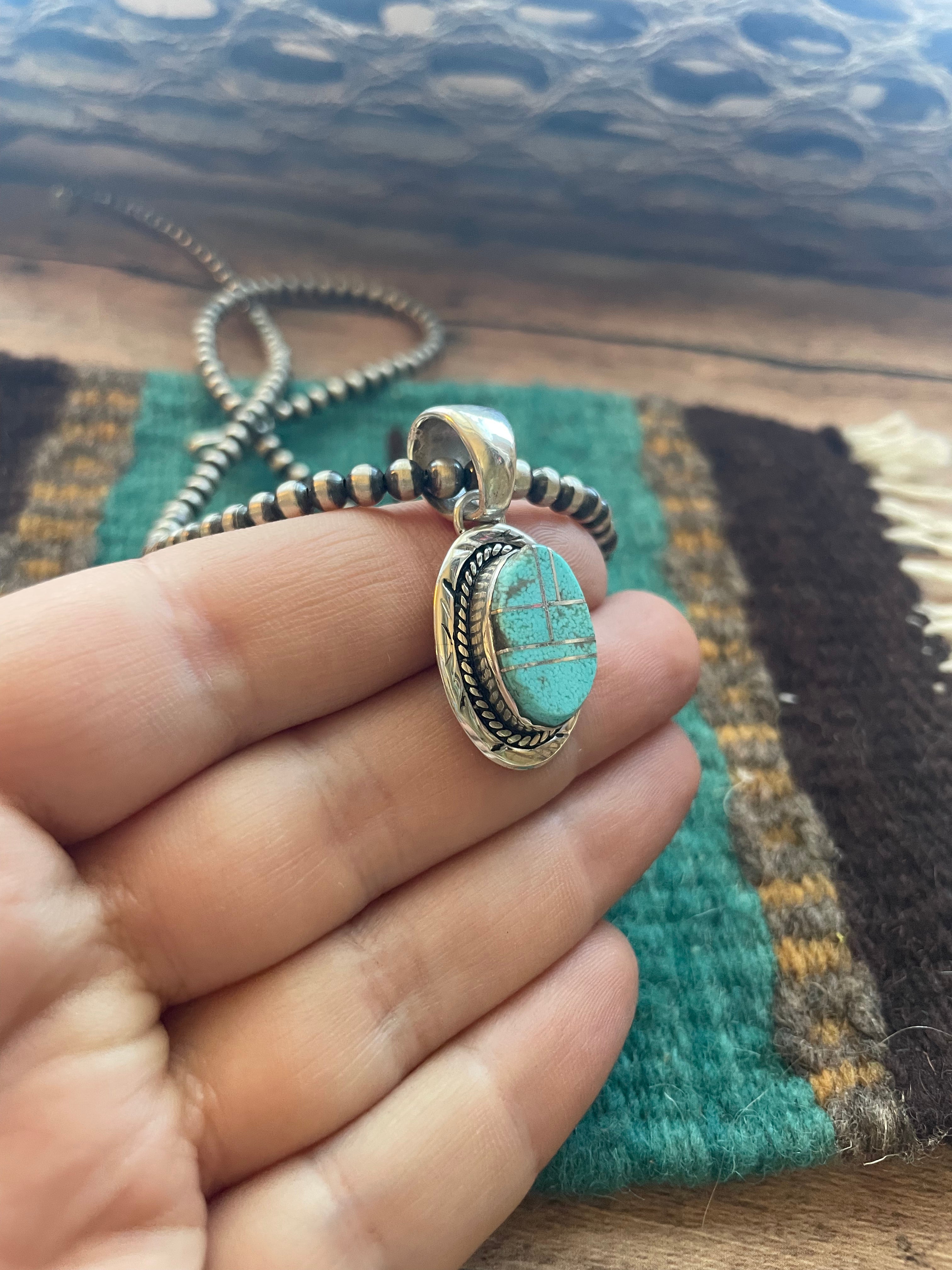 Navajo Number 8 Turquoise Inlay & Sterling Silver Pendant