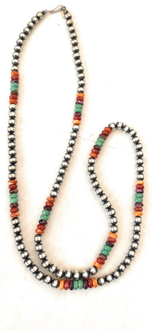 Navajo Multi Stone & Sterling Silver Pearl Beaded 30” Necklace