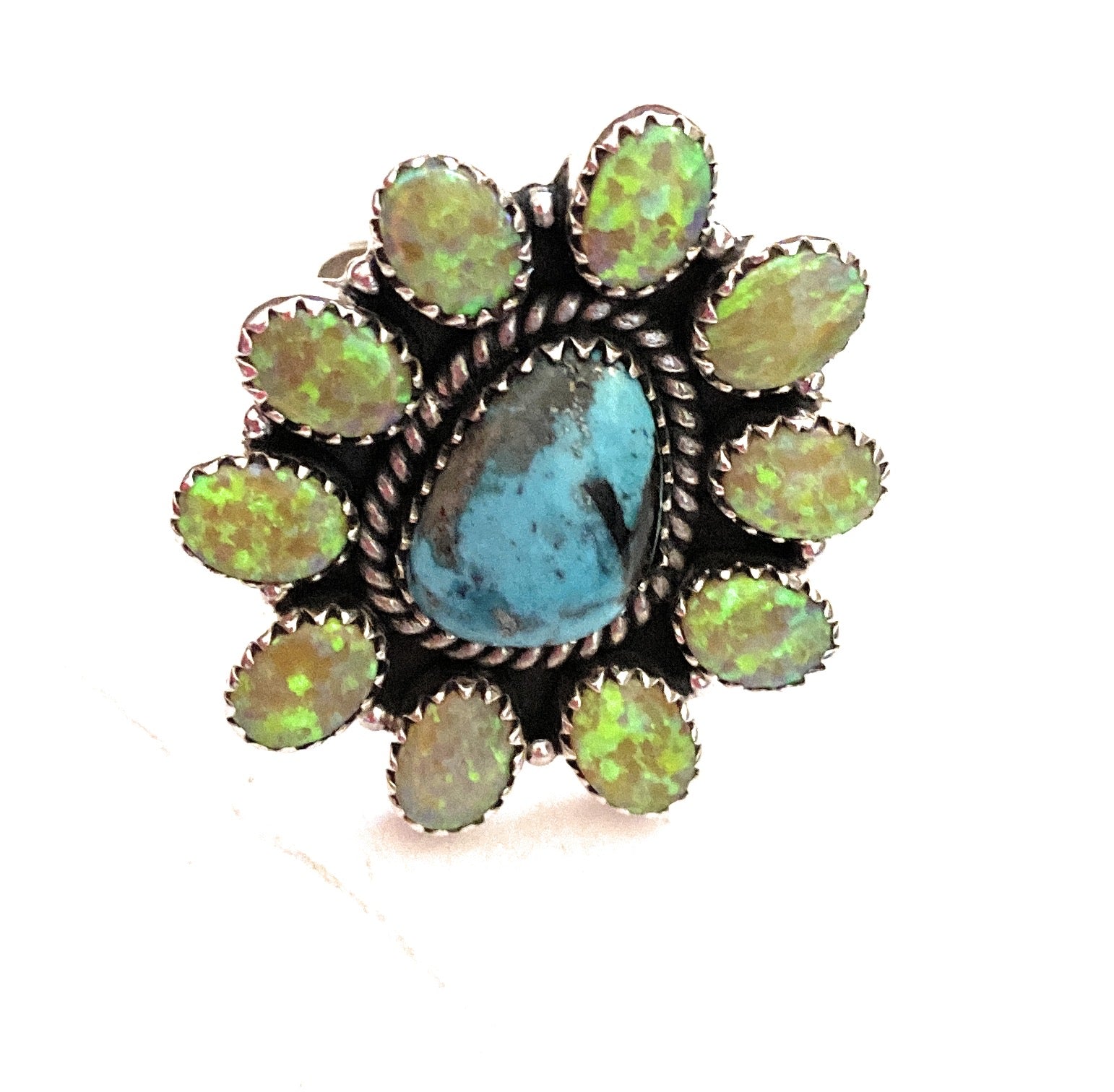 Handmade Sterling Silver, Turquoise & Opal Adjustable Ring