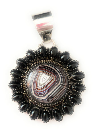 Handmade Sterling Silver, Fordite & Onyx Cluster Pendant