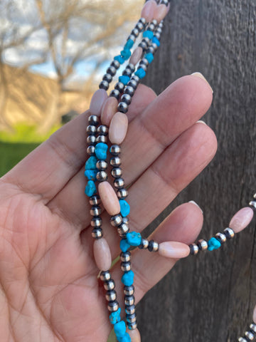 Navajo Sterling Silver Pearls with Kingman Turquoise and Pink Conch