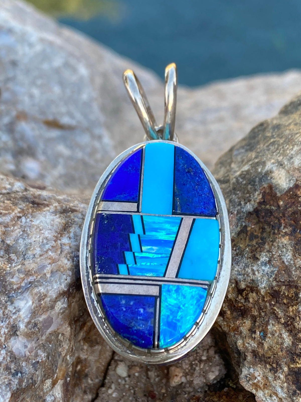 Navajo Lapis, Turquoise, Blue Opal Oval Pendant