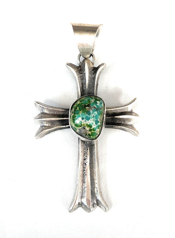 Navajo Sterling Silver & Sonoran Gold Turquoise Cross Pendant By Chimney Butte