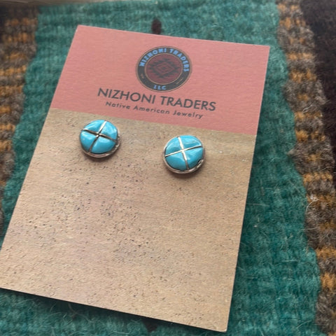 Navajo Turquoise Inlay & Sterling Silver Stud Earrings